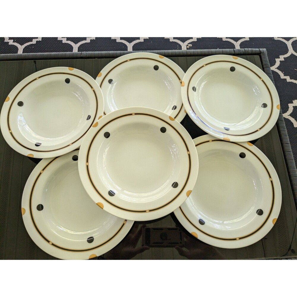 Mikasa Volaire Vtg Set of 6 8.5" Rim Soup Bowl, Retired Polka Dot Black Gold EUC